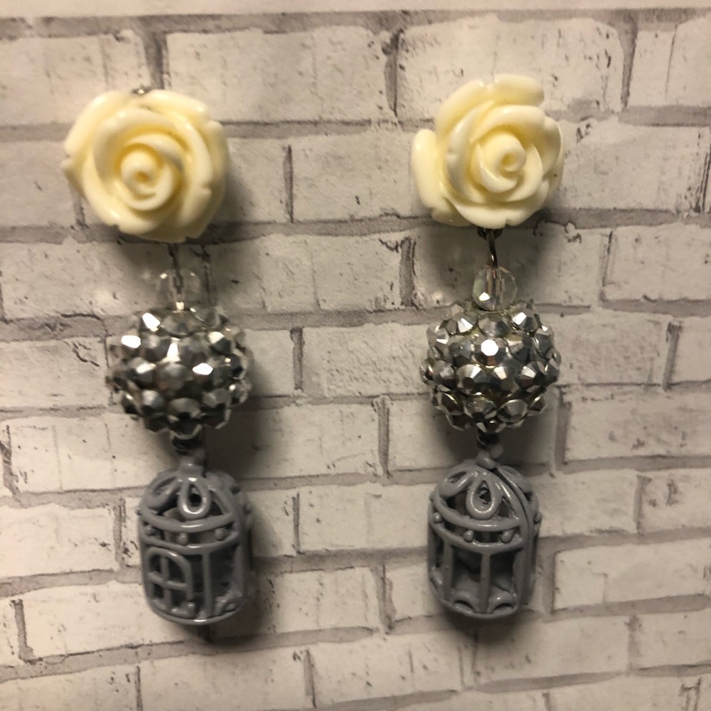Birdcage silver glam rose ivory dangle earrings